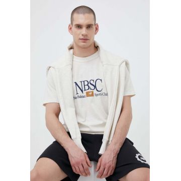 New Balance tricou din bumbac culoarea bej, cu imprimeu