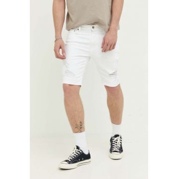 Hollister Co. pantaloni scurti jeans barbati, culoarea alb