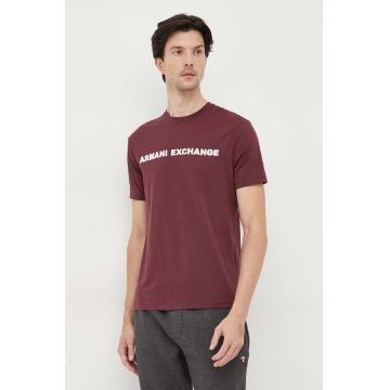 Armani Exchange tricou din bumbac culoarea bordo, cu imprimeu