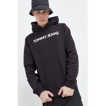 Tommy Jeans hanorac de bumbac bărbați, culoarea negru, cu glugă, imprimeu DM0DM18413
