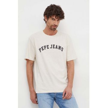 Pepe Jeans tricou din bumbac barbati, culoarea bej, cu imprimeu