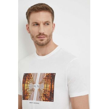 Armani Exchange tricou din bumbac barbati, culoarea alb, cu imprimeu