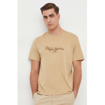 Pepe Jeans tricou din bumbac Chris barbati, culoarea bej, cu imprimeu