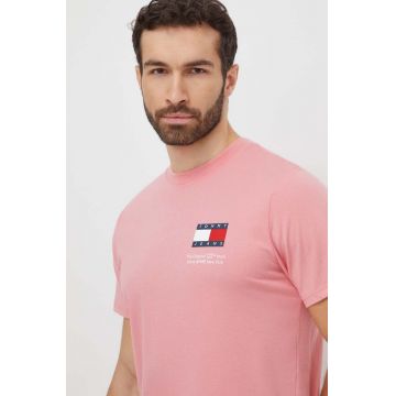 Tommy Jeans tricou din bumbac bărbați, culoarea roz, cu imprimeu DM0DM18263