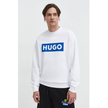 HUGO Blue hanorac de bumbac bărbați, culoarea alb, cu imprimeu 50522375