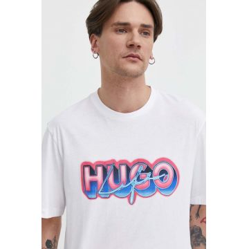 HUGO Blue tricou din bumbac bărbați, culoarea alb, cu imprimeu 50515278