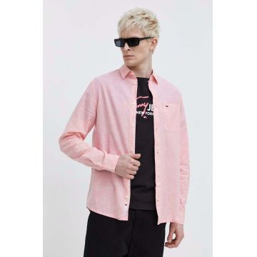Tommy Jeans cămașă din amestec de in culoarea roz, cu guler clasic, regular DM0DM18962
