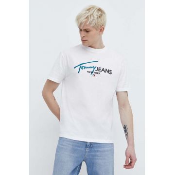 Tommy Jeans tricou din bumbac bărbați, culoarea alb, cu imprimeu DM0DM18572