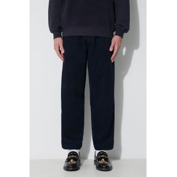 Universal Works pantaloni de catifea cord PLEATED TRACK PANT culoarea bleumarin, drept, 29519 29519