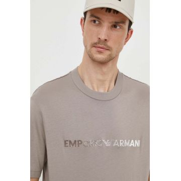 Emporio Armani tricou din bumbac barbati, culoarea bej, cu imprimeu