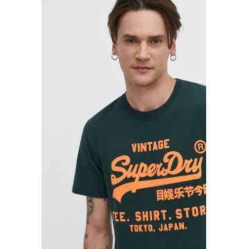 Superdry tricou din bumbac barbati, culoarea verde, cu imprimeu