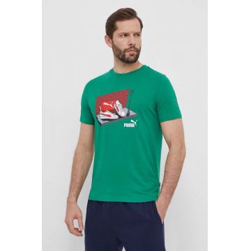 Puma tricou din bumbac bărbați, culoarea verde, cu imprimeu, 680175