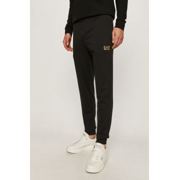 EA7 Emporio Armani pantaloni de trening din bumbac culoarea negru, neted