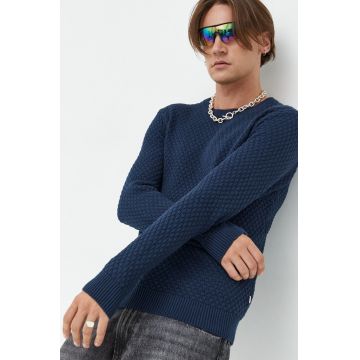 Solid pulover de bumbac barbati, culoarea albastru marin, light