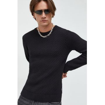 Solid pulover de bumbac barbati, culoarea negru, light