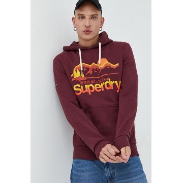 Superdry bluza barbati, culoarea bordo, cu glugă, cu imprimeu