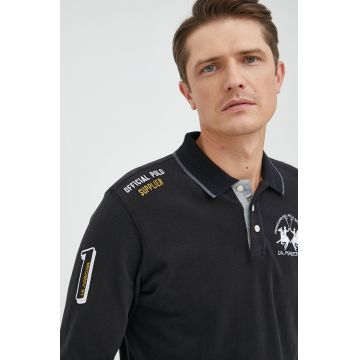 La Martina longsleeve din bumbac culoarea negru, cu imprimeu