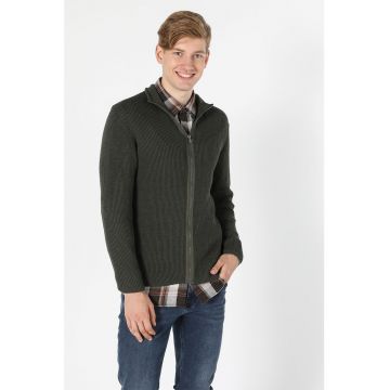 Cardigan slim fit cu fermoar si aspect striat