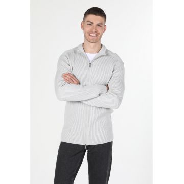 Cardigan slim fit cu fermoar si aspect striat