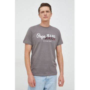 Pepe Jeans tricou din bumbac Topher culoarea gri, cu imprimeu