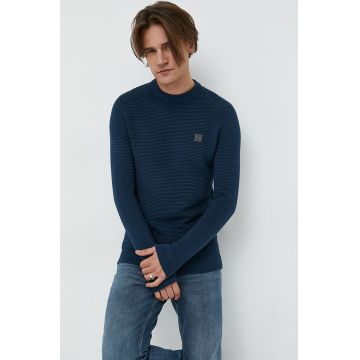 Solid pulover de bumbac barbati, culoarea albastru marin, light