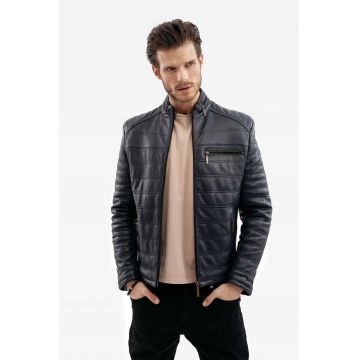 Jacheta slim fit matlasata de piele - Bleumarin