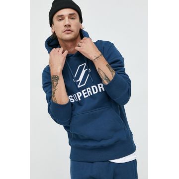 Superdry hanorac de bumbac barbati, culoarea albastru marin, cu glugă, cu imprimeu