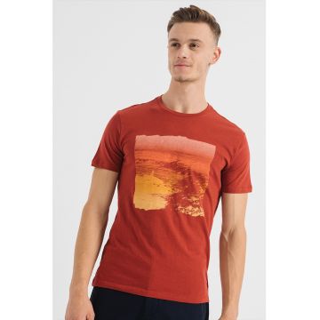 Tricou de bumbac cu decolteu la baza gatului si imprimeu grafic