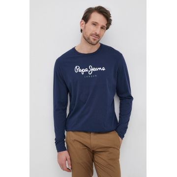 Pepe Jeans Longsleeve din bumbac culoarea albastru marin, cu imprimeu