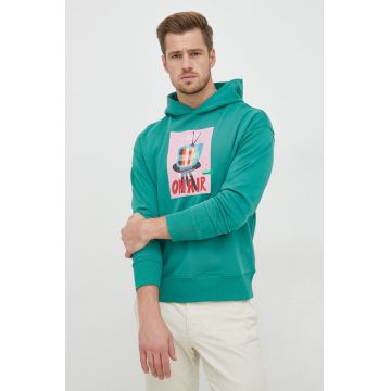 United Colors of Benetton bluza barbati, culoarea verde, cu glugă, cu imprimeu