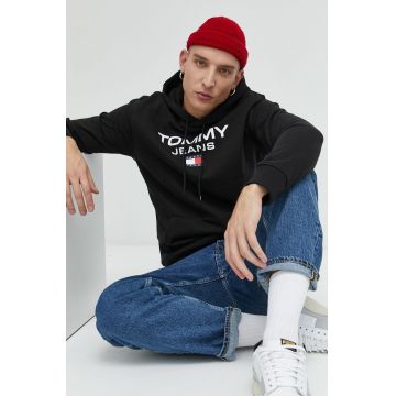 Tommy Jeans hanorac de bumbac barbati, culoarea negru, cu glugă, cu imprimeu
