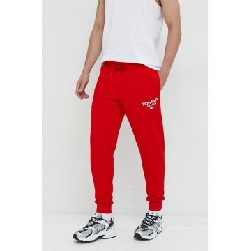Tommy Jeans pantaloni de trening din bumbac barbati, culoarea rosu, cu imprimeu