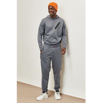 Hanorac cu model uni si buzunar pe piept cu fermoar - Gri