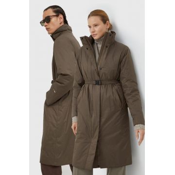 Rains geaca 15500 Long Padded Nylon W Coat culoarea maro, de tranzitie