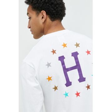 HUF longsleeve din bumbac culoarea alb, cu imprimeu