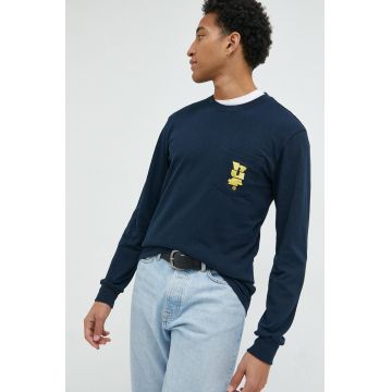 HUF longsleeve din bumbac culoarea albastru marin, cu imprimeu