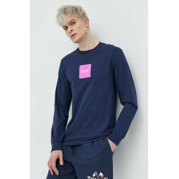 HUF longsleeve din bumbac culoarea albastru marin, cu imprimeu