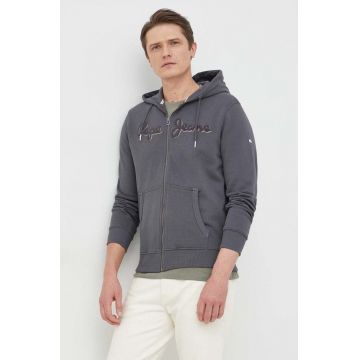 Pepe Jeans hanorac de bumbac Ryan barbati, culoarea gri, cu glugă, cu imprimeu