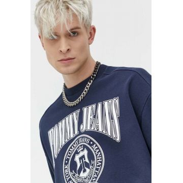 Tommy Jeans hanorac de bumbac barbati, culoarea albastru marin, cu imprimeu