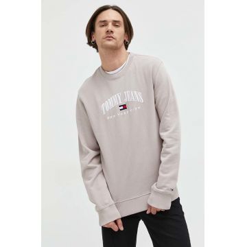 Tommy Jeans hanorac de bumbac barbati, culoarea bej, cu imprimeu