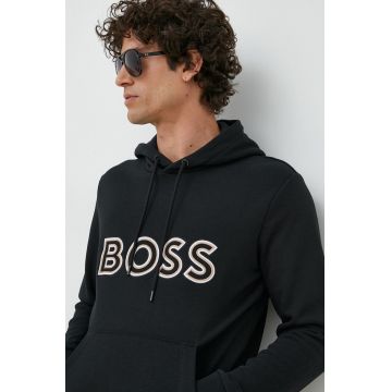 BOSS bluza barbati, culoarea negru, cu glugă, cu imprimeu