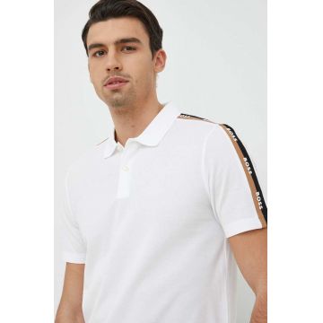 BOSS polo de bumbac culoarea alb, cu imprimeu