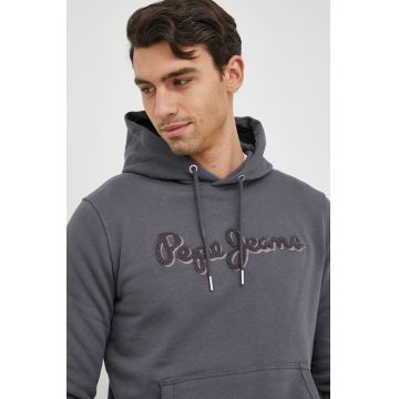 Pepe Jeans hanorac de bumbac barbati, culoarea gri, cu glugă, cu imprimeu