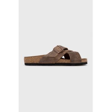 Birkenstock papuci din piele Lugano barbati, culoarea maro