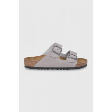 Birkenstock șlapi de piele Arizona bărbați, culoarea gri 1022443-Stone.coin