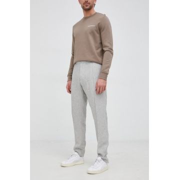 Emporio Armani pantaloni din in barbati, culoarea gri, drept