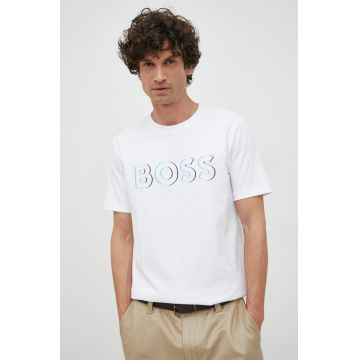 BOSS tricou din bumbac BOSS GREEN culoarea alb, cu imprimeu