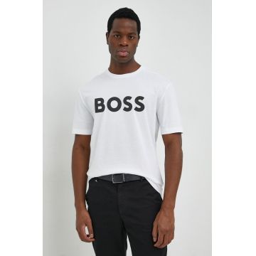 BOSS tricou din bumbac BOSS GREEN culoarea alb, cu imprimeu