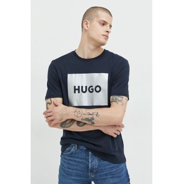 HUGO tricou din bumbac culoarea albastru marin, cu imprimeu