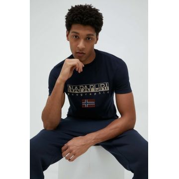 Napapijri tricou din bumbac culoarea albastru marin, cu imprimeu